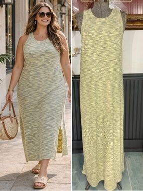 Old Navy Racerback Stretch Knit Maxi Dress Side Slits Yellow Marled Sz 3X 💚🍄